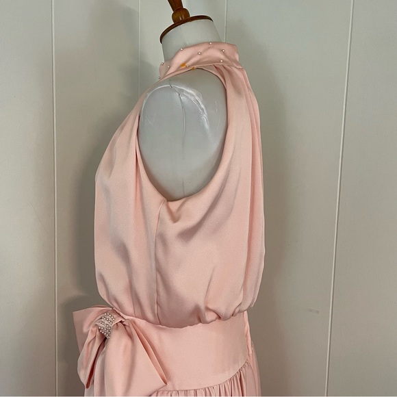 Vintage Beaded Mock Neck Sleeveless Bow Asymmetrical Midi Dress - Picture 5 of 11